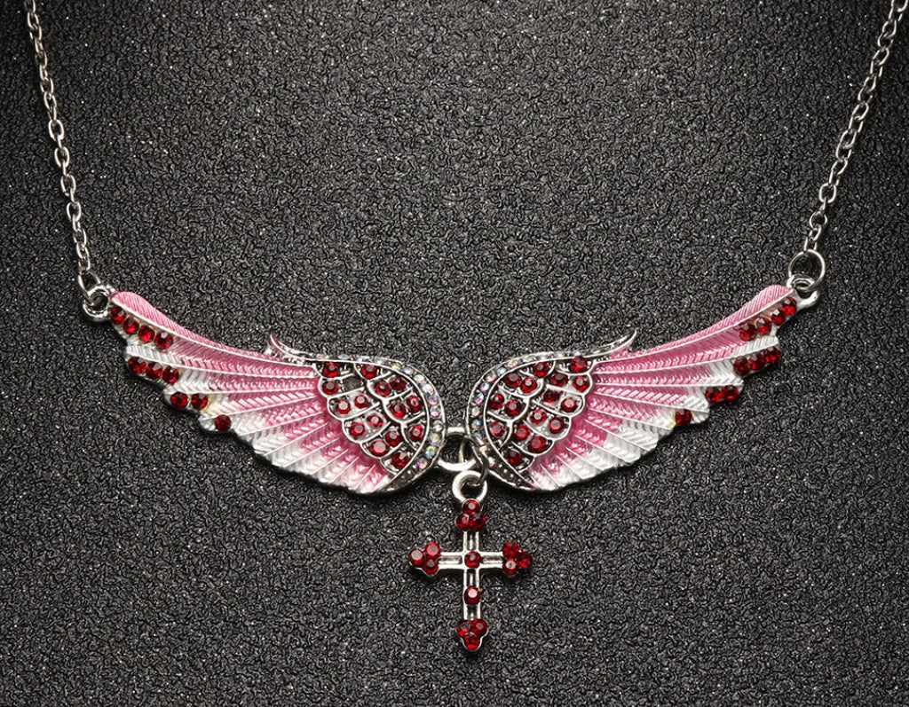 Nouveau - Joli collier avec pendentif ailes d'ange et croix